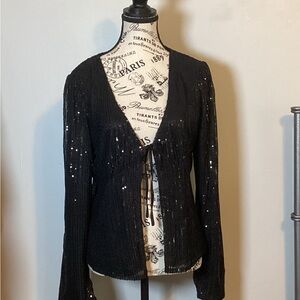🩷NWT🩷 WOMENS BLACK SEQUINED LONG SLEEVE  TIE FRONT TOP SZ XXL
